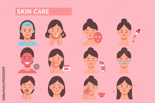Skin care procedures. Line style vector illustration isolated on white background.