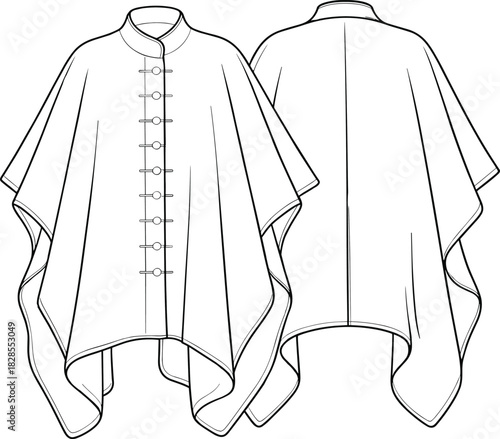 Asymmetrical cape with stand collar, button down poncho style outerwear front and back view, cad drawing, flat vector fashion sketch
