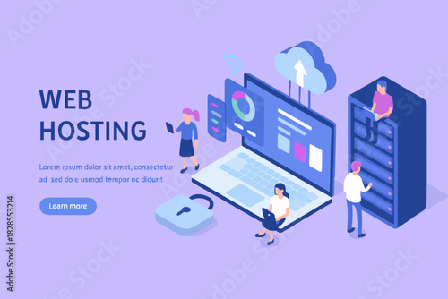Web hosting concept with character. Can use for web banner, infographics, hero images. Flat isometric vector illustration isolated on white background.