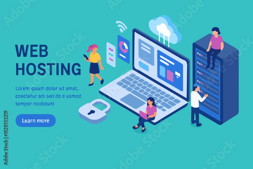 Web hosting concept with character. Can use for web banner, infographics, hero images. Flat isometric vector illustration isolated on white background.