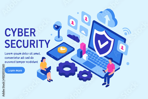 Cyber security concept with characters. Can use for web banner, infographics, hero images. Flat isometric vector illustration isolated on white background.