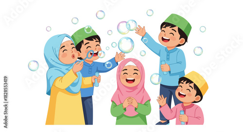 Joyful children and family in a playful outdoor bubble blowing activity