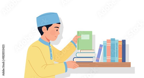 young boy studying diligently with a collection of books in a neat setting