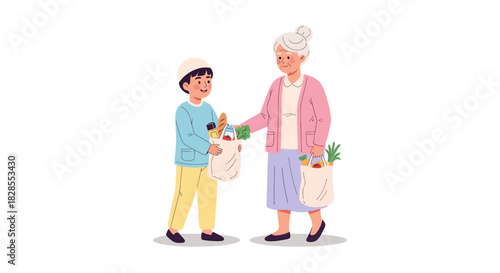 Heartwarming moment of a young boy giving grocery items to an elderly woman