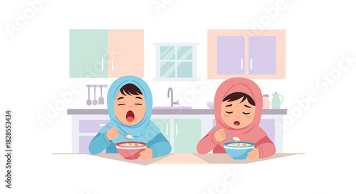 Children Feeling Unwell While Eating Breakfast in a Bright Modern Kitchen Scene