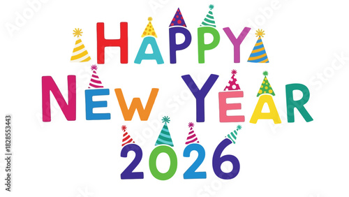 Colorful Happy New Year 2026 Celebration with Party Hats.