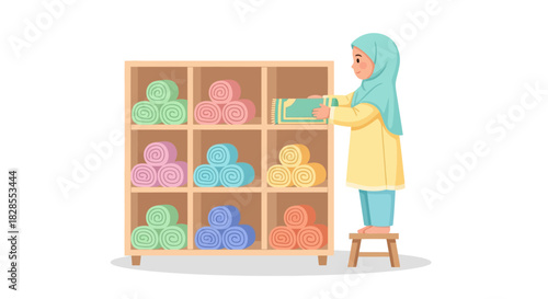 Woman Organizing Multicolored Rolled Towels on Wooden Shelf in a Spa or