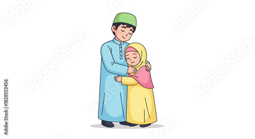 Heartwarming moment of a young Muslim boy and girl sharing a tender embrace in
