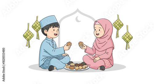 children wearing traditional attire sharing cookies during cultural celebration