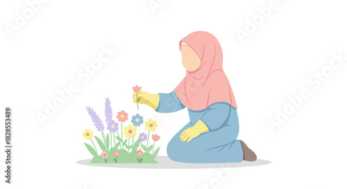 Serene girl in soft pastel hijab nurturing colorful garden of blooming flowers