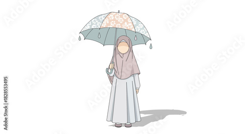 Peaceful young woman in modest attire holding umbrella under gentle rain in