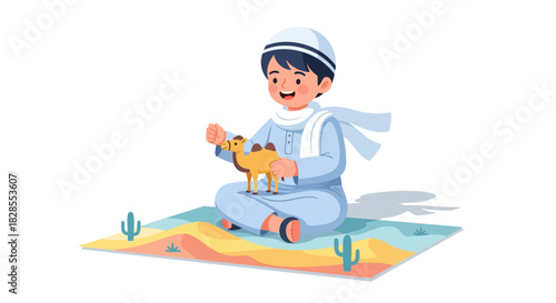 Joyful young boy dressed in traditional attire sitting on colorful desert