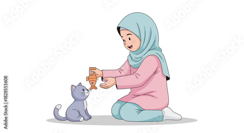 Young girl in hijab playing with adorable kittens and a toy mouse on floor
