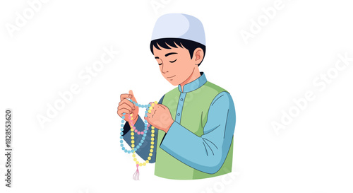 Young boy peacefully praying with prayer beads in traditional attire