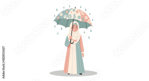 Peaceful woman standing with colorful floral umbrella in gentle rain scene