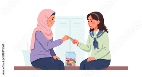 heartwarming moment of friendship between two girls sharing a colorful capsule