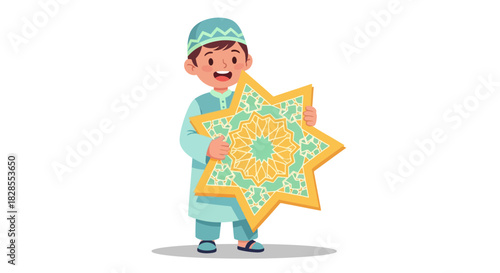 Joyful boy in traditional clothing holding a colorful geometric star ornament