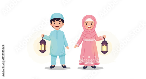 Joyful children celebrating cultural festival with lanterns and traditional