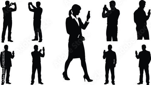 Large collection of black silhouettes of business professionals using smartphones for photography, communication, and digital tasks, symbolizing 