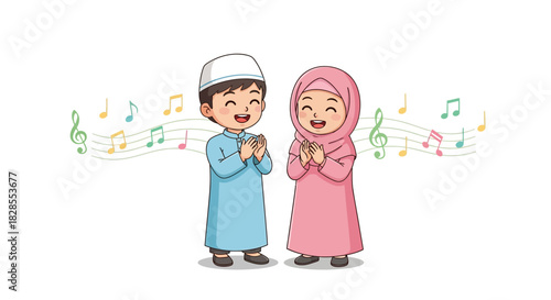 Joyful children dressed in traditional attire singing with colorful musical