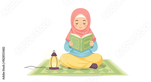Peaceful young girl in modest clothing reading Quran while sitting