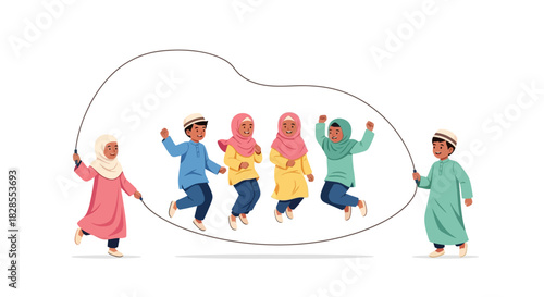 Children Jumping Rope Together in a Playful Outdoor Setting With Smiles
