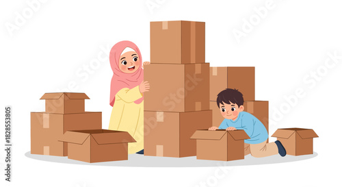 Children Arranging and Playing Among Various Cardboard Boxes in a Creative