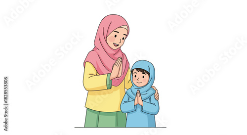 warmhearted mother and child sharing respectful greeting with prayer gesture