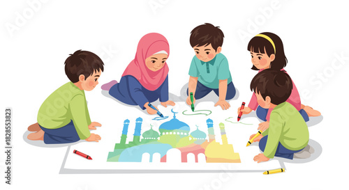 Children and a woman collaboratively creating a colorful mosque drawing on the