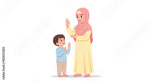 Illustration of a mother and child sharing a moment of greeting and affection