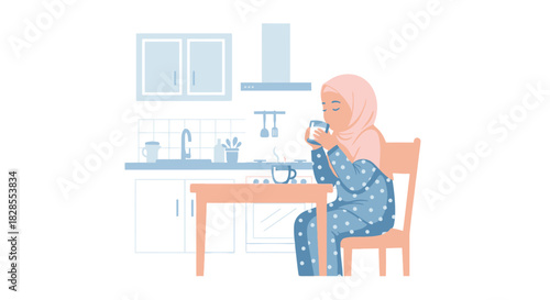 Peaceful young woman in a hijab enjoying a quiet morning in a cozy kitchen space