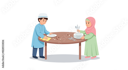 Children Sharing and Serving Food at a Round Table in a Cultural Setting