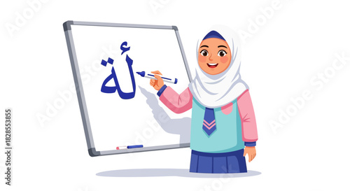 Young girl wearing traditional hijab teaching Arabic calligraphy on whiteboard