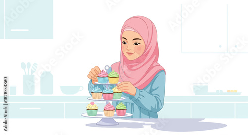 young woman in hijab decorating colorful cupcakes with sprinkles in modern