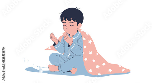 Cute young child sleeping peacefully on the floor with a cozy starry blanket