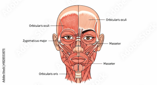 Detailed 2D flat vector illustration of female facial anatomy showing the superficial muscles, nerves, and structure, half-covered by skin and precisely labeled on a bright white background.