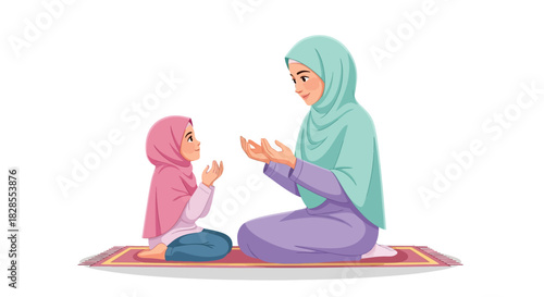 Young girl and woman engaging in an educational moment on a prayer mat with a