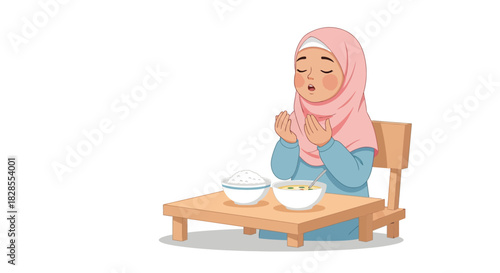 Young woman in hijab praying before a meal with bowls of rice and soup on a