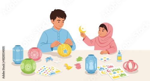 Children engaging in creative arts and crafts with colorful paper lanterns and