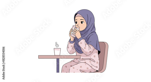 Serene young woman in hijab enjoying a warm beverage at a cozy table