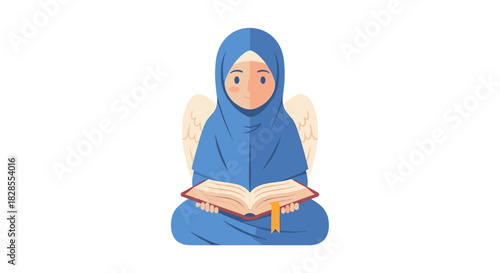 Serene angelic figure in modest blue attire reading a sacred book with gentle