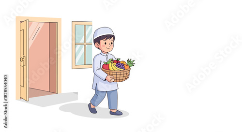Young boy dressed in traditional attire carrying a basket of fresh fruits
