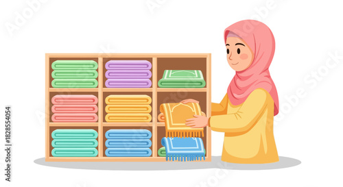 Young woman organizing colorful neatly folded towels on a wooden shelf in a