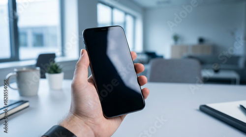 Hand Holding a Sleek Smartphone with a Blank Black Screen, Ready for Content in a Bright Modern Office