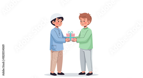 Children Sharing Gift Box Symbolizing Friendship and Generosity in a