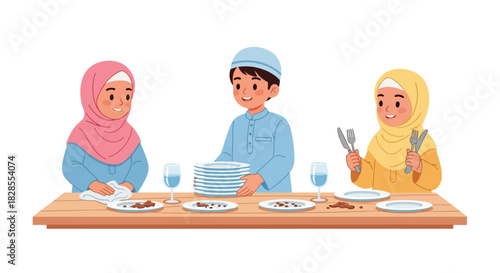 Children with traditional headscarves enjoying a cultural meal together at a