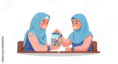 two women wearing hijabs engaging in a friendly activity with a jar of