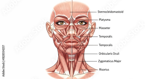 Bright flat 2D drawing of human female facial and neck muscles, meticulously labeled with anatomical names, shown in a striking symmetrical half-skin diagram isolated on a clean white background.