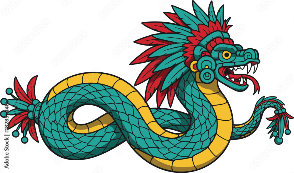 Obraz premium Aztec feathered serpent Quetzalcoatl vector, ancient mythology creature, cultural illustration, colorful dragon god design, traditional Mesoamerican deity, serpent with feathers and fangs