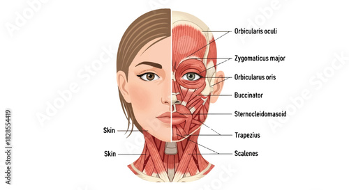 2D flat design vector illustration of female facial and neck muscles anatomy, half-skin half-muscle breakdown diagram clearly labeled for medical study and education.